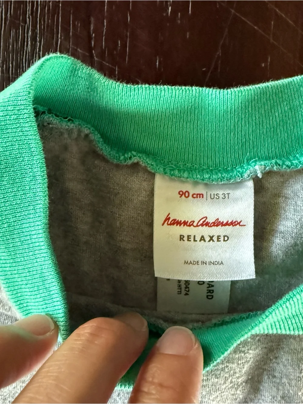Hanna Andersson Grey Tee with Navy Shoulders and Bright Green Trim